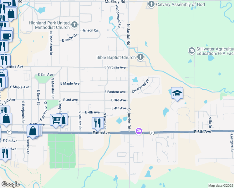 map of restaurants, bars, coffee shops, grocery stores, and more near 1918 East 3rd Avenue in Stillwater