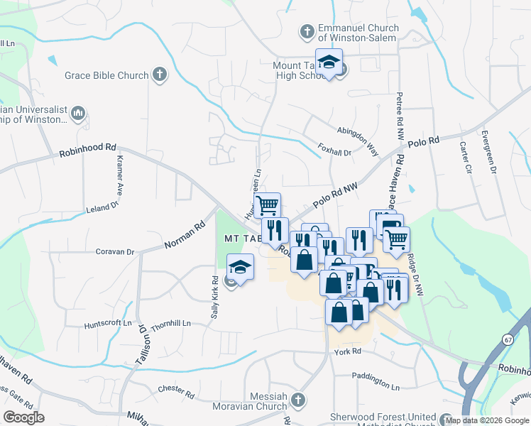map of restaurants, bars, coffee shops, grocery stores, and more near 3535 Beacon Hill Drive Northwest in Winston-Salem