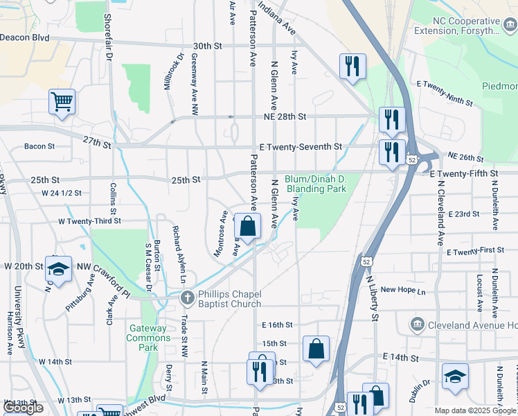 map of restaurants, bars, coffee shops, grocery stores, and more near 2367 North Patterson Avenue in Winston-Salem