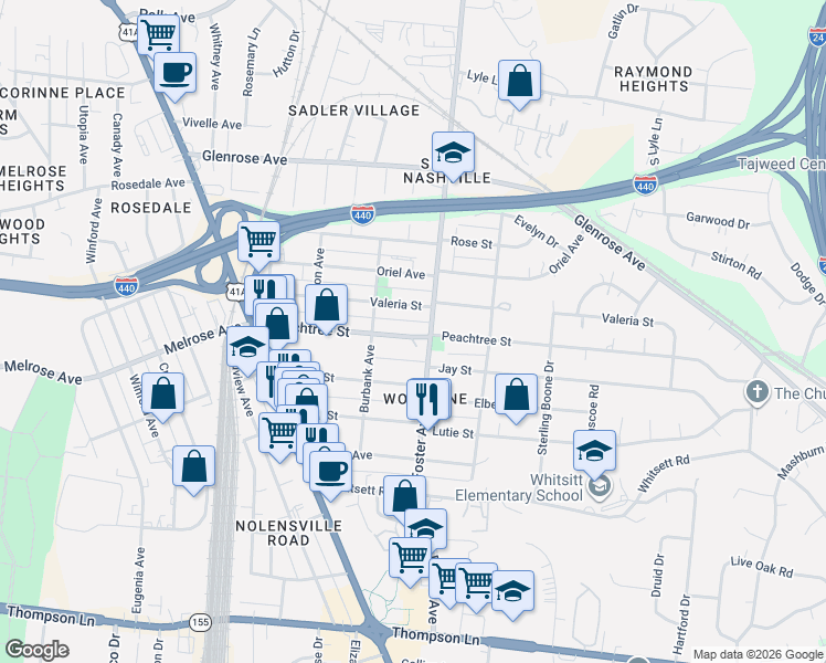 map of restaurants, bars, coffee shops, grocery stores, and more near 2323 Foster Avenue in Nashville