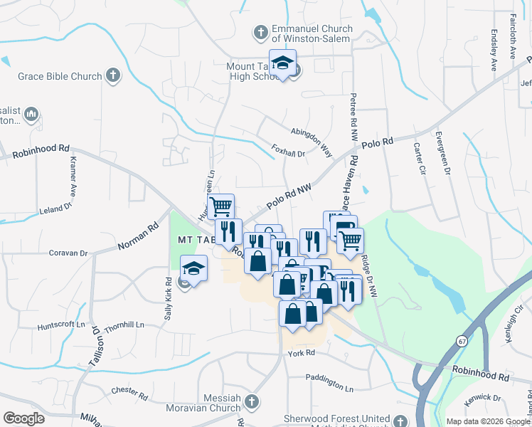 map of restaurants, bars, coffee shops, grocery stores, and more near 102 Westgate Circle in Winston-Salem