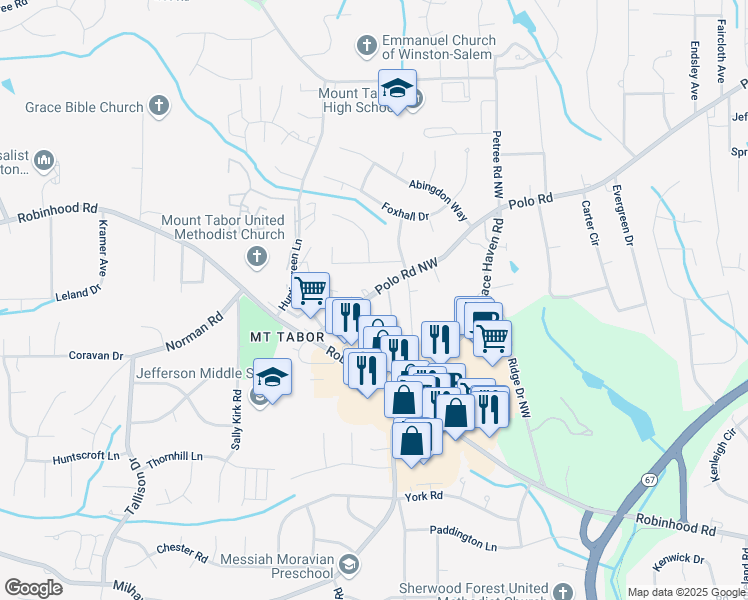 map of restaurants, bars, coffee shops, grocery stores, and more near 102 Westgate Circle in Winston-Salem