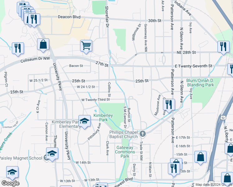 map of restaurants, bars, coffee shops, grocery stores, and more near 222 West 24th Street in Winston-Salem