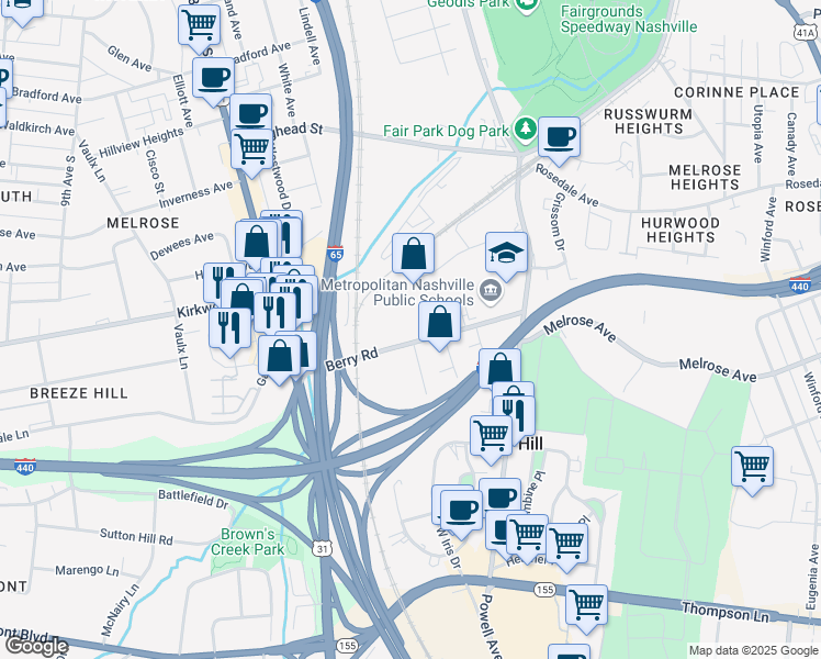 map of restaurants, bars, coffee shops, grocery stores, and more near 2606 Fessey Park Road in Berry Hill