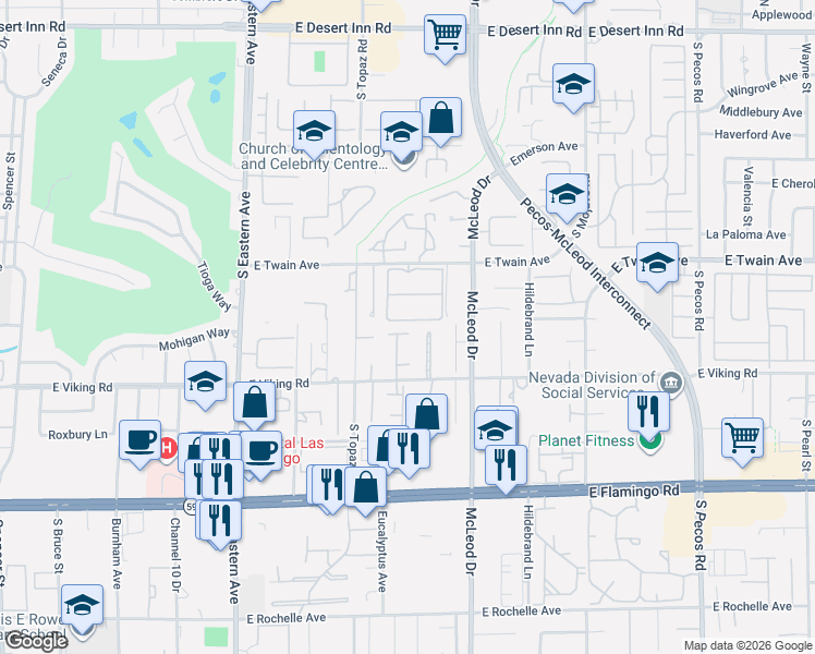 map of restaurants, bars, coffee shops, grocery stores, and more near 3820 South Topaz Road in Las Vegas
