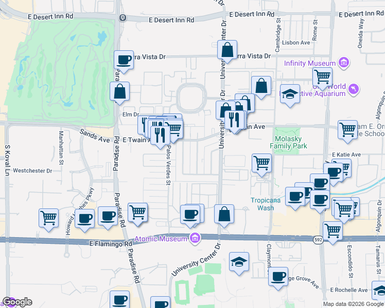 map of restaurants, bars, coffee shops, grocery stores, and more near 3812 Royal Crest Street in Las Vegas
