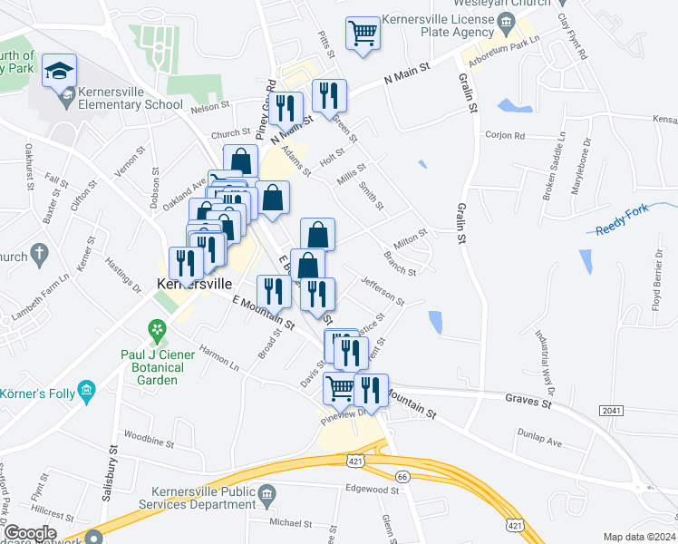 map of restaurants, bars, coffee shops, grocery stores, and more near 310 Jefferson Street in Kernersville