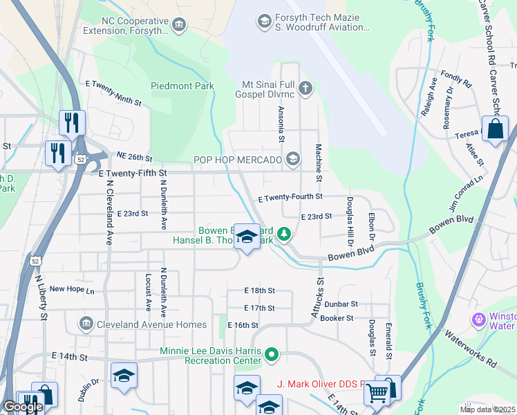 map of restaurants, bars, coffee shops, grocery stores, and more near 2009 Bowen Boulevard in Winston-Salem