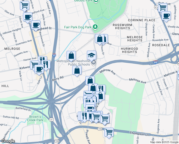 map of restaurants, bars, coffee shops, grocery stores, and more near 625 Berry Road in Nashville