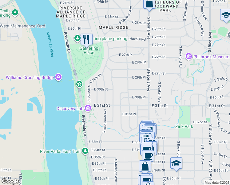 map of restaurants, bars, coffee shops, grocery stores, and more near 3015 South Detroit Avenue in Tulsa