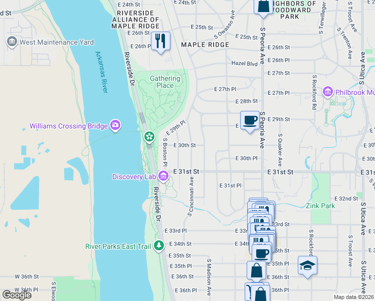 map of restaurants, bars, coffee shops, grocery stores, and more near 3022 South Cincinnati Avenue in Tulsa