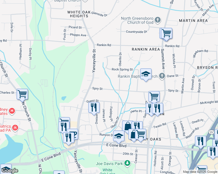map of restaurants, bars, coffee shops, grocery stores, and more near 1315 Spry Street in Greensboro