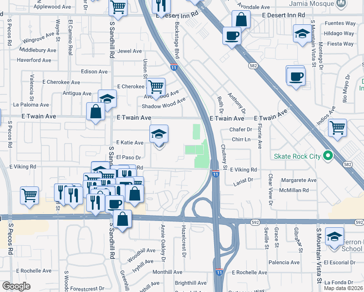 map of restaurants, bars, coffee shops, grocery stores, and more near 3850 Annie Oakley Drive in Las Vegas