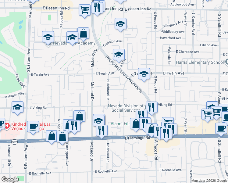 map of restaurants, bars, coffee shops, grocery stores, and more near 3131 East Katie Avenue in Las Vegas