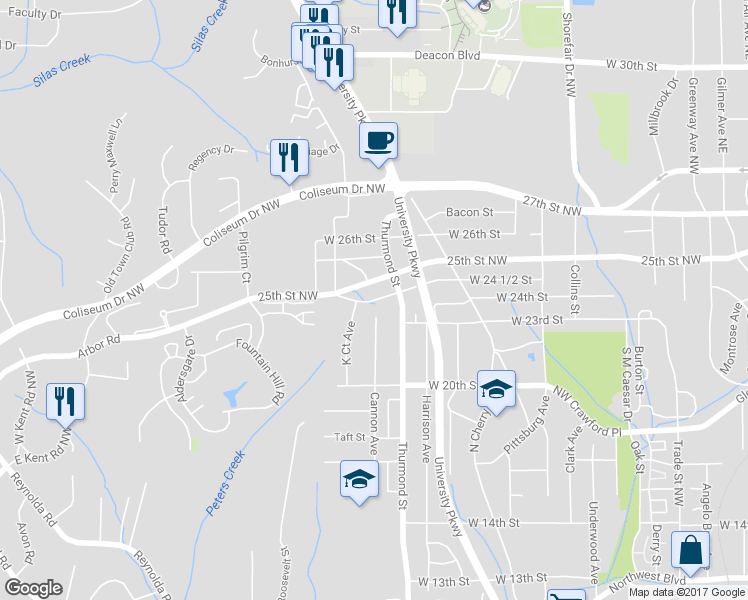 map of restaurants, bars, coffee shops, grocery stores, and more near 624 West 24 1/2 Street in Winston-Salem