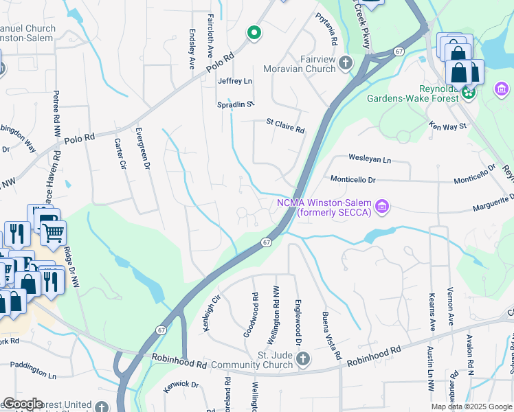 map of restaurants, bars, coffee shops, grocery stores, and more near 1205 Stadler Ridge Road in Winston-Salem