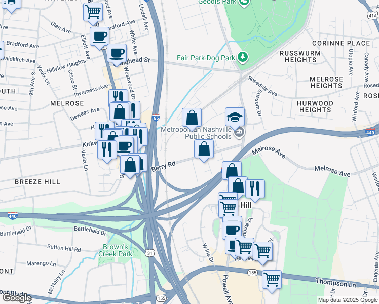 map of restaurants, bars, coffee shops, grocery stores, and more near 2606 Fessey Park Road in Berry Hill