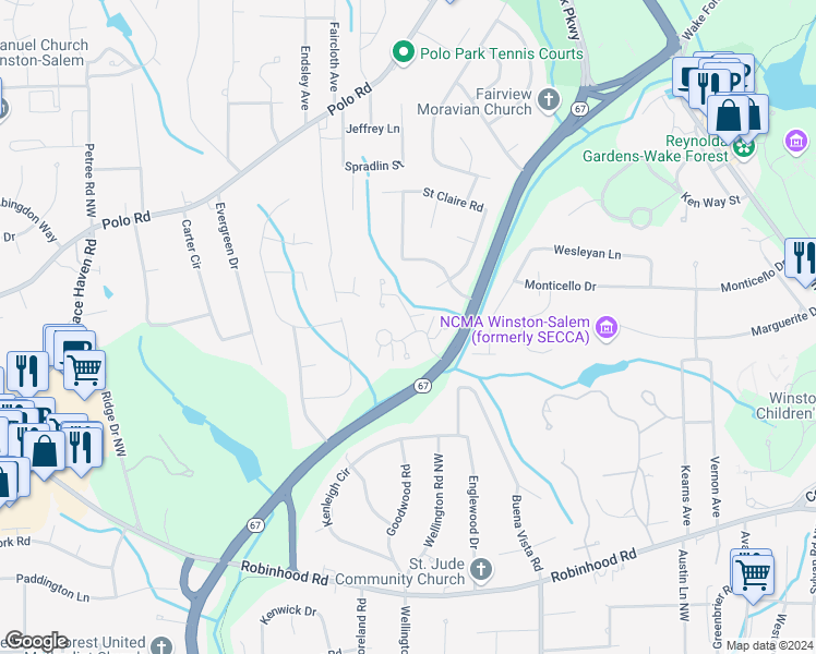map of restaurants, bars, coffee shops, grocery stores, and more near 1205 Stadler Ridge Road in Winston-Salem