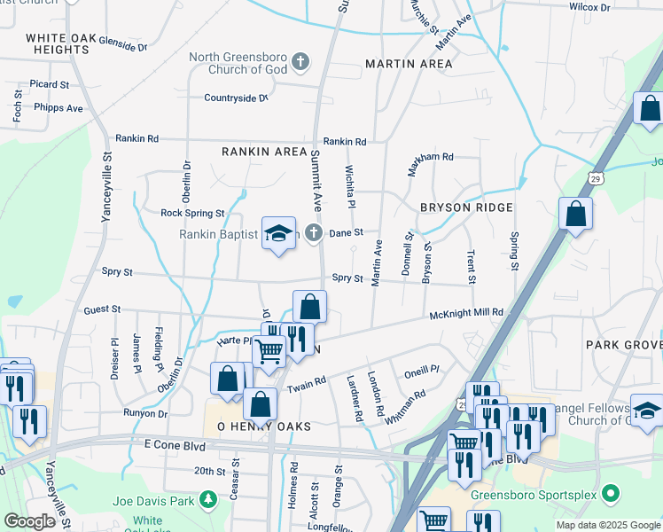 map of restaurants, bars, coffee shops, grocery stores, and more near 3302 Summit Avenue in Greensboro
