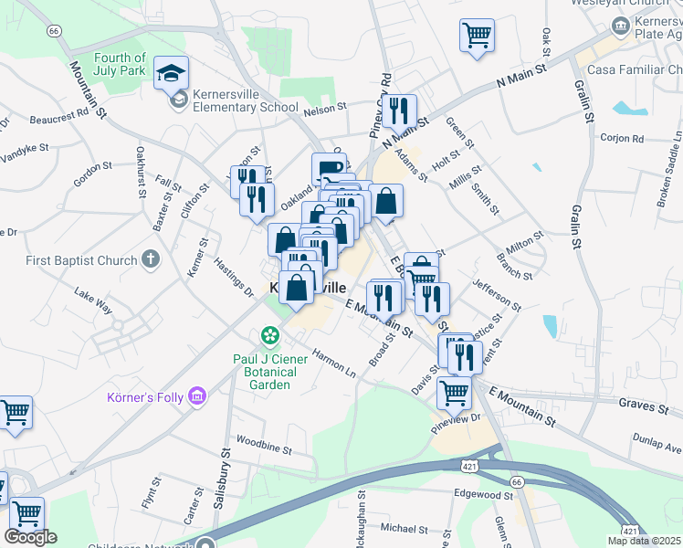 map of restaurants, bars, coffee shops, grocery stores, and more near 126 North Main Street in Kernersville