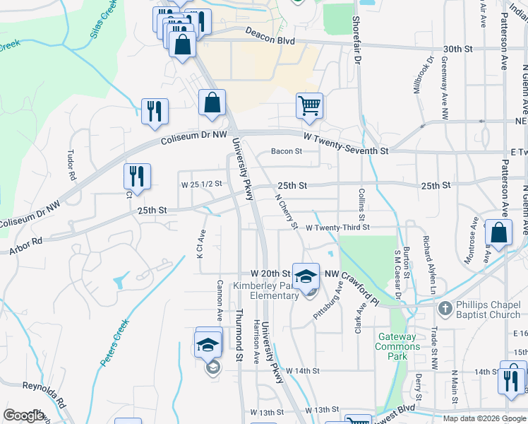 map of restaurants, bars, coffee shops, grocery stores, and more near 603 West 23rd Street in Winston-Salem