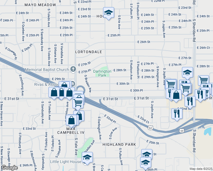 map of restaurants, bars, coffee shops, grocery stores, and more near 5163 East 30th Place in Tulsa
