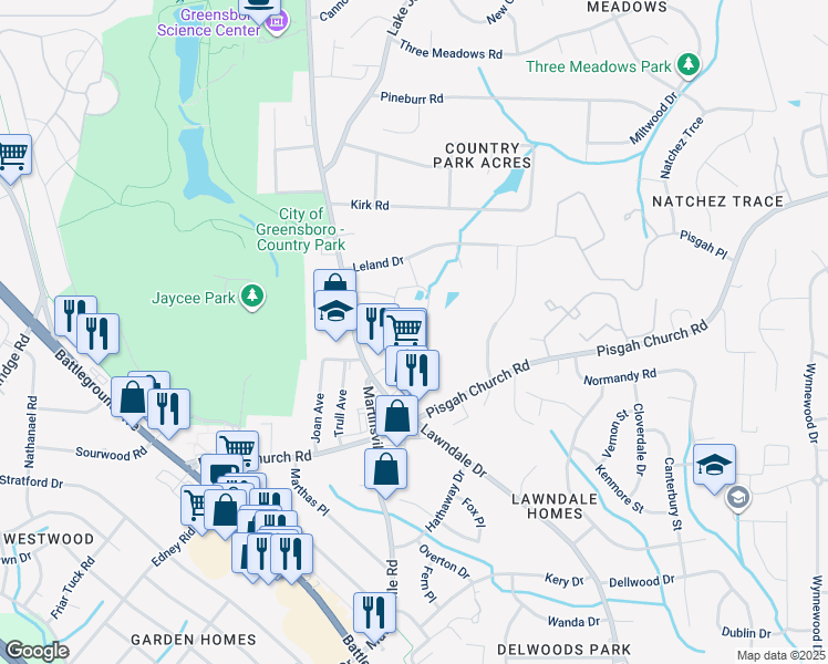 map of restaurants, bars, coffee shops, grocery stores, and more near 1 Lane Drive in Greensboro