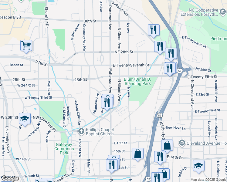 map of restaurants, bars, coffee shops, grocery stores, and more near 2367 North Patterson Avenue in Winston-Salem