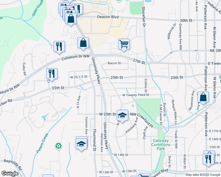 map of restaurants, bars, coffee shops, grocery stores, and more near 603 West 23rd Street in Winston-Salem