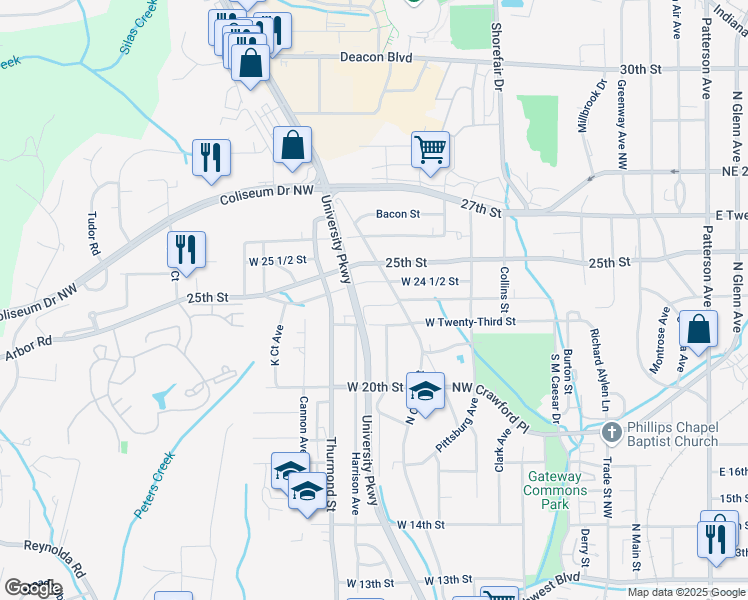 map of restaurants, bars, coffee shops, grocery stores, and more near 603 West 23rd Street in Winston-Salem