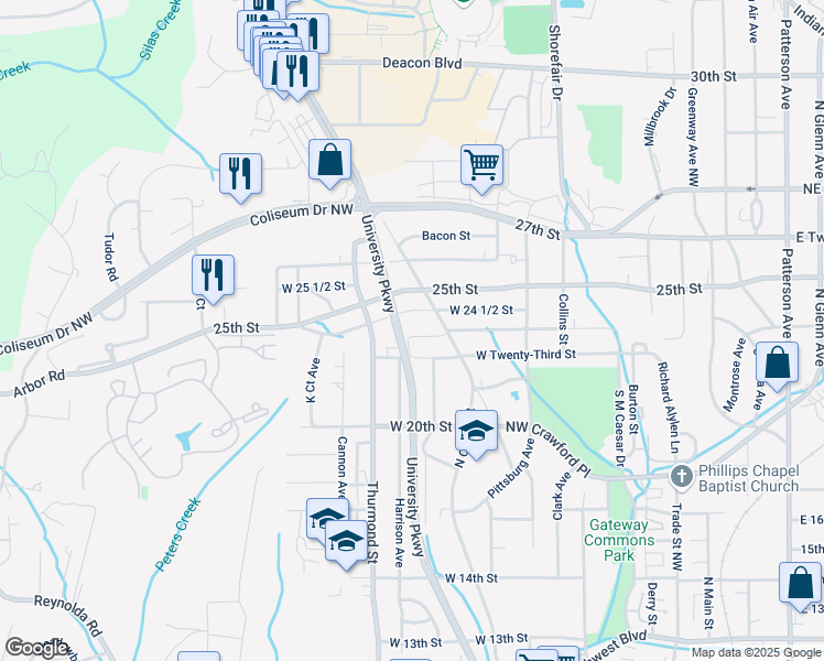 map of restaurants, bars, coffee shops, grocery stores, and more near 603 West 23rd Street in Winston-Salem