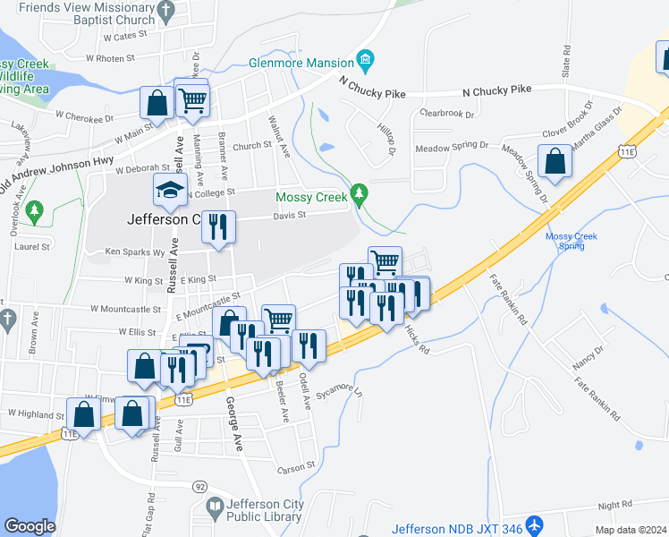 map of restaurants, bars, coffee shops, grocery stores, and more near 940 East Ellis Street in Jefferson City