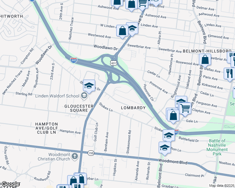 map of restaurants, bars, coffee shops, grocery stores, and more near 2010 Lombardy Avenue in Nashville