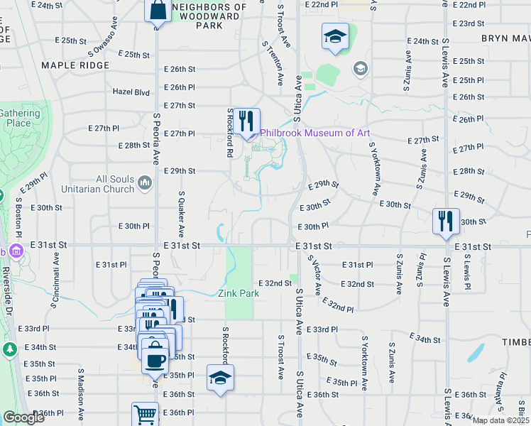 map of restaurants, bars, coffee shops, grocery stores, and more near 1630 East 30th Place in Tulsa