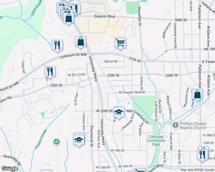 map of restaurants, bars, coffee shops, grocery stores, and more near 603 West 23rd Street in Winston-Salem
