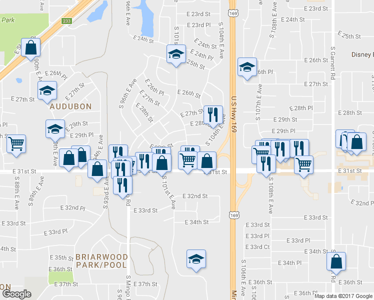 map of restaurants, bars, coffee shops, grocery stores, and more near 3030 South 101st East Avenue in Tulsa