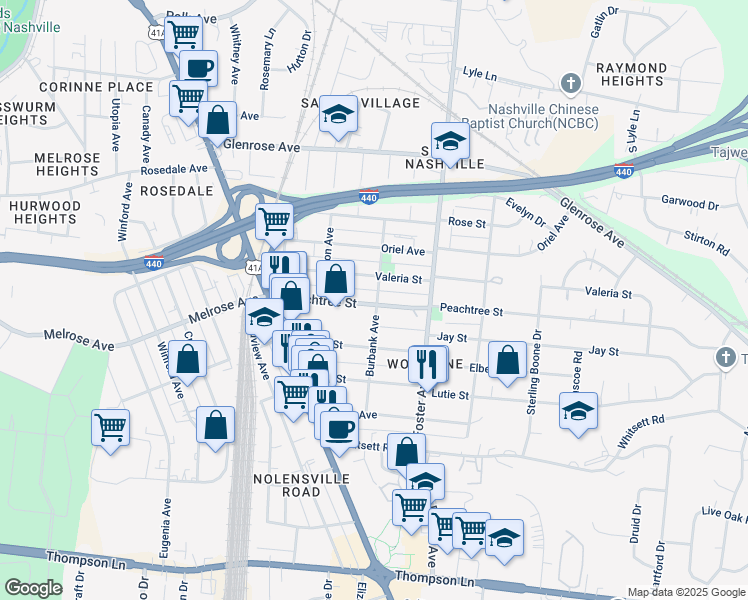map of restaurants, bars, coffee shops, grocery stores, and more near 229 Peachtree Street in Nashville
