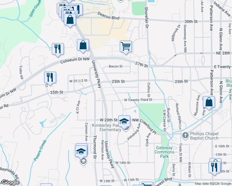 map of restaurants, bars, coffee shops, grocery stores, and more near 2303 Cherry Street in Winston-Salem