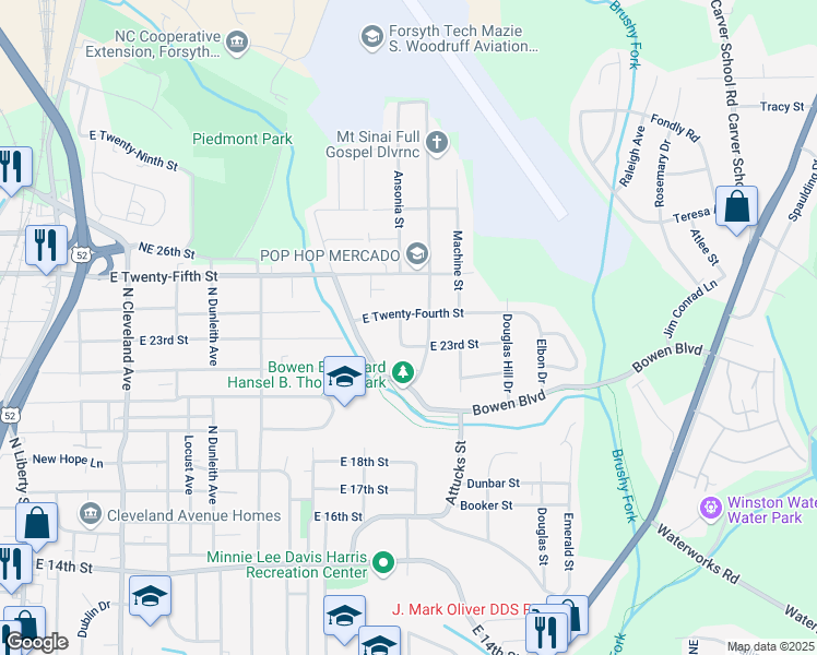 map of restaurants, bars, coffee shops, grocery stores, and more near 2335 Ansonia Street in Winston-Salem