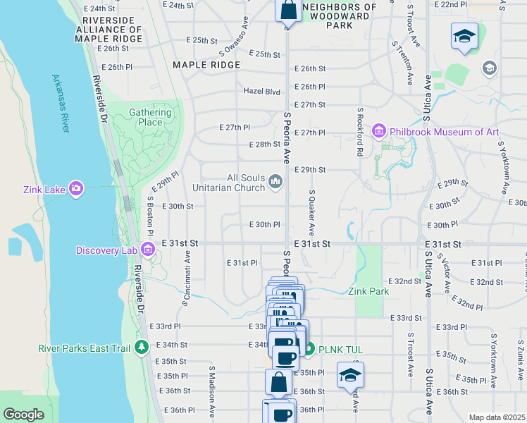 map of restaurants, bars, coffee shops, grocery stores, and more near 1232 East 30th Street in Tulsa