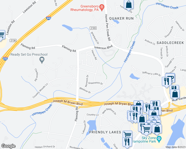 map of restaurants, bars, coffee shops, grocery stores, and more near 5617 David Christian Place in Greensboro