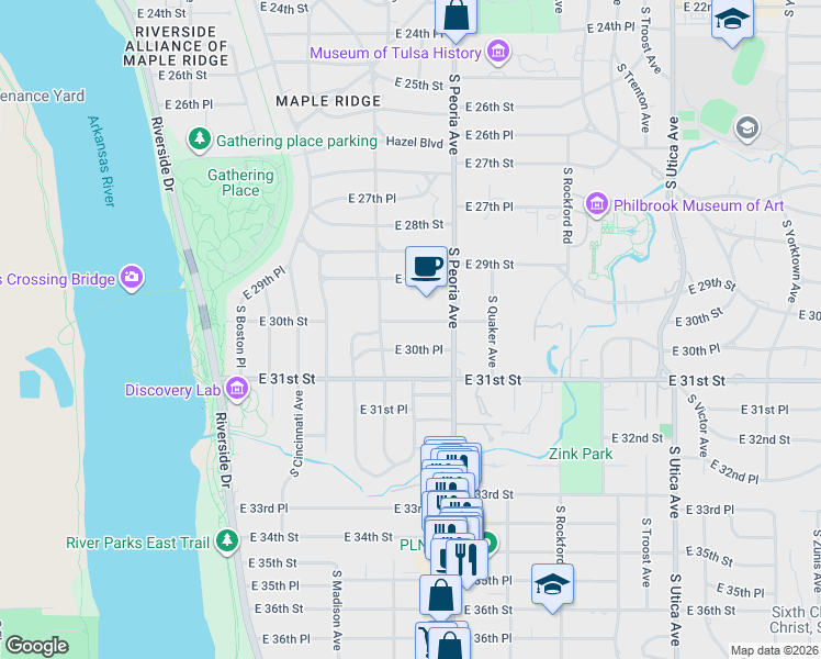 map of restaurants, bars, coffee shops, grocery stores, and more near 1221 East 30th Place in Tulsa