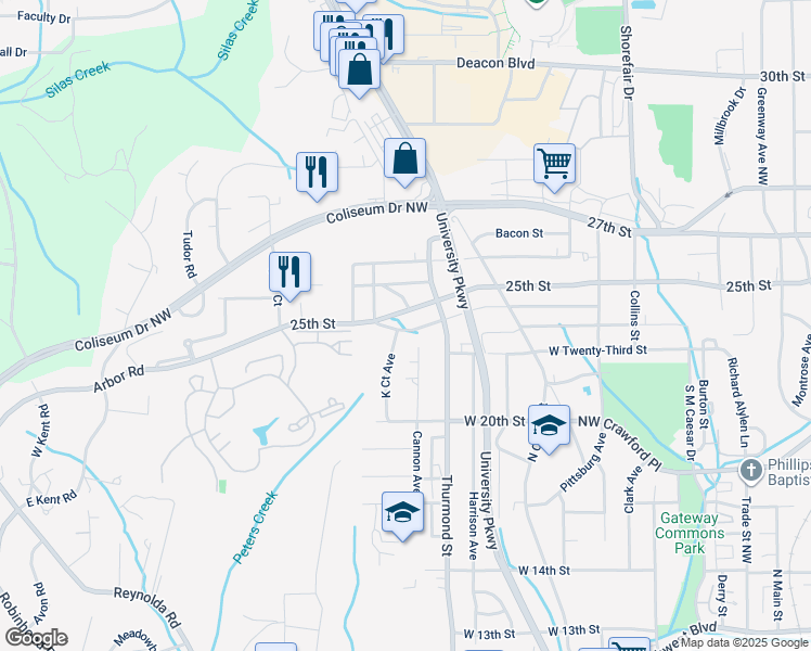 map of restaurants, bars, coffee shops, grocery stores, and more near 2312 K Court Avenue in Winston-Salem