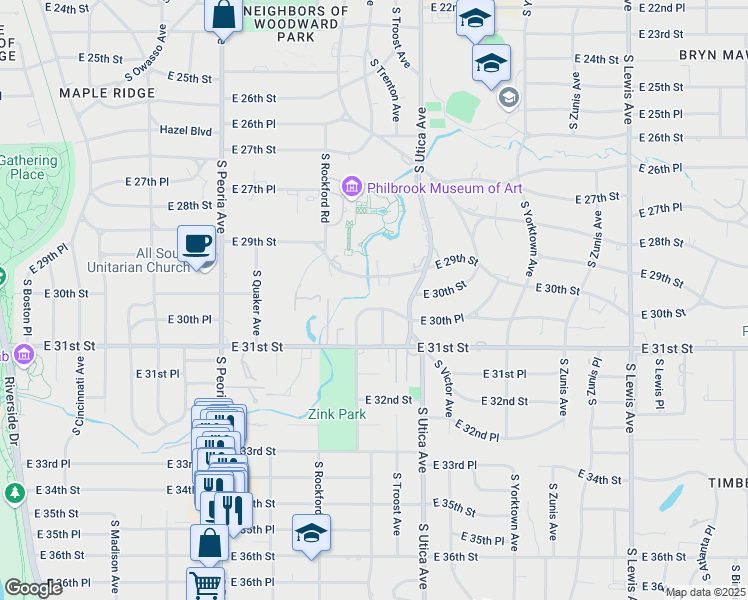 map of restaurants, bars, coffee shops, grocery stores, and more near 1630 East 30th Place in Tulsa