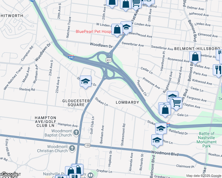 map of restaurants, bars, coffee shops, grocery stores, and more near 2010 Lombardy Avenue in Nashville