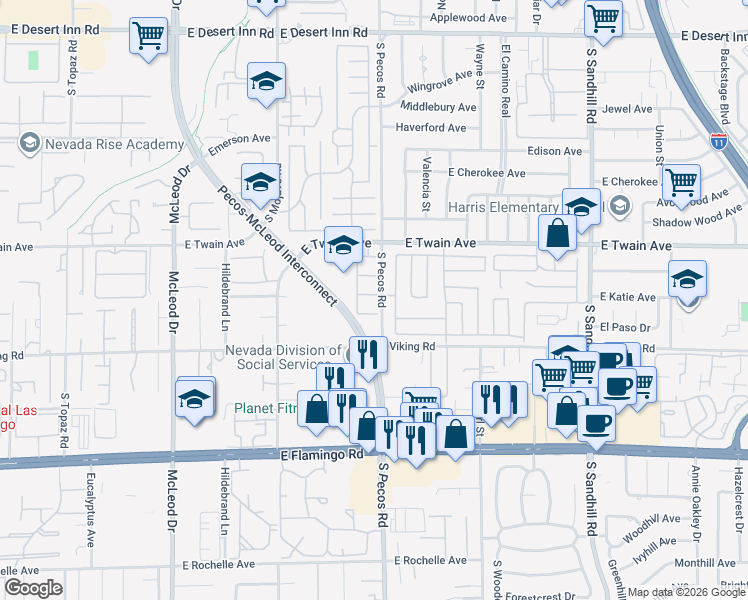 map of restaurants, bars, coffee shops, grocery stores, and more near 3383 Matvay Street in Las Vegas