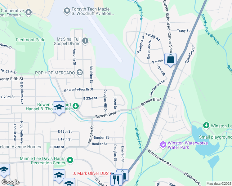 map of restaurants, bars, coffee shops, grocery stores, and more near 2219 Elbon Drive in Winston-Salem