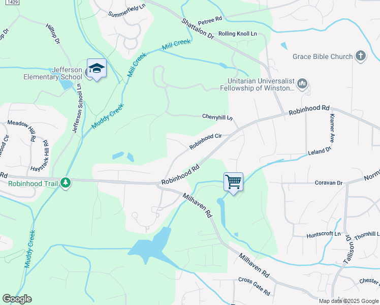 map of restaurants, bars, coffee shops, grocery stores, and more near 42 Robinhood Circle in Winston-Salem