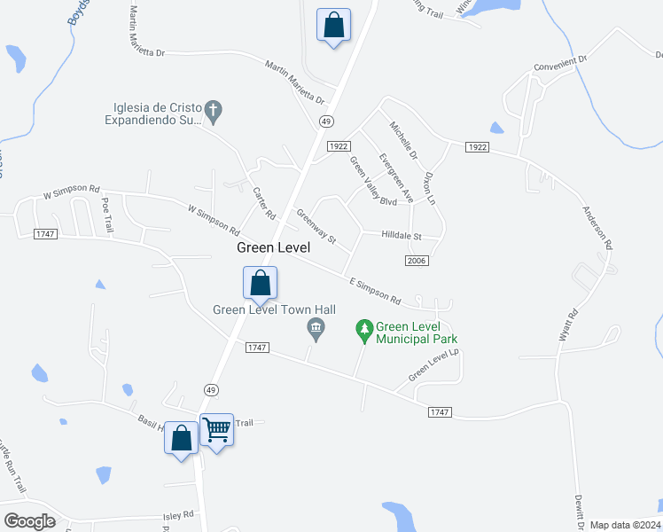 map of restaurants, bars, coffee shops, grocery stores, and more near 2468 East Simpson Road in Burlington