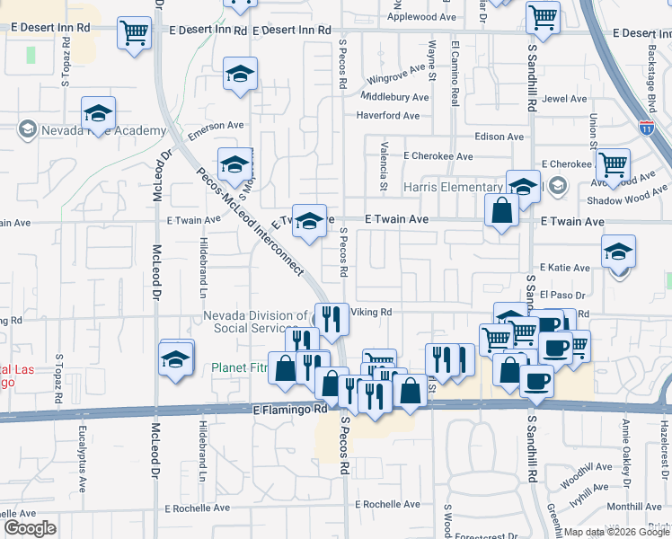 map of restaurants, bars, coffee shops, grocery stores, and more near 3383 Matvay Street in Las Vegas